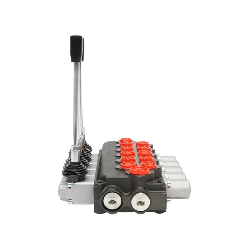 Distributore idraulico a 5 leve, con valvola di sicurezza SD11, portata 80 L/min, leva e riduzione -15/+80. Breckner Germany
