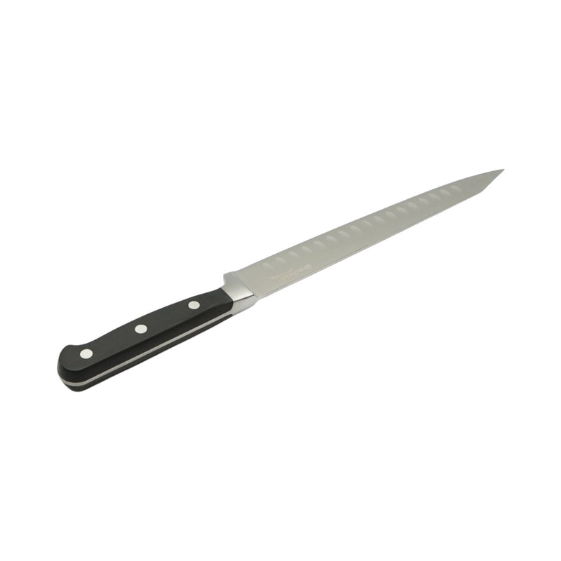 Coltello professionale per affettare da 25 cm, lama in acciaio 5Cr15MoV con filo alveolato, manico in ABS nero. Breckner Germany