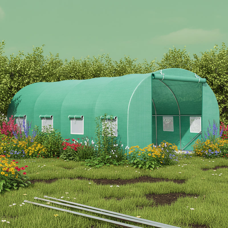 Serra da giardino 400×300×200 cm, telo verde in PE con rete 140 g/m² anti-UV, 1 porta, 8 finestre, tubo in acciaio zincato 19 mm THOR