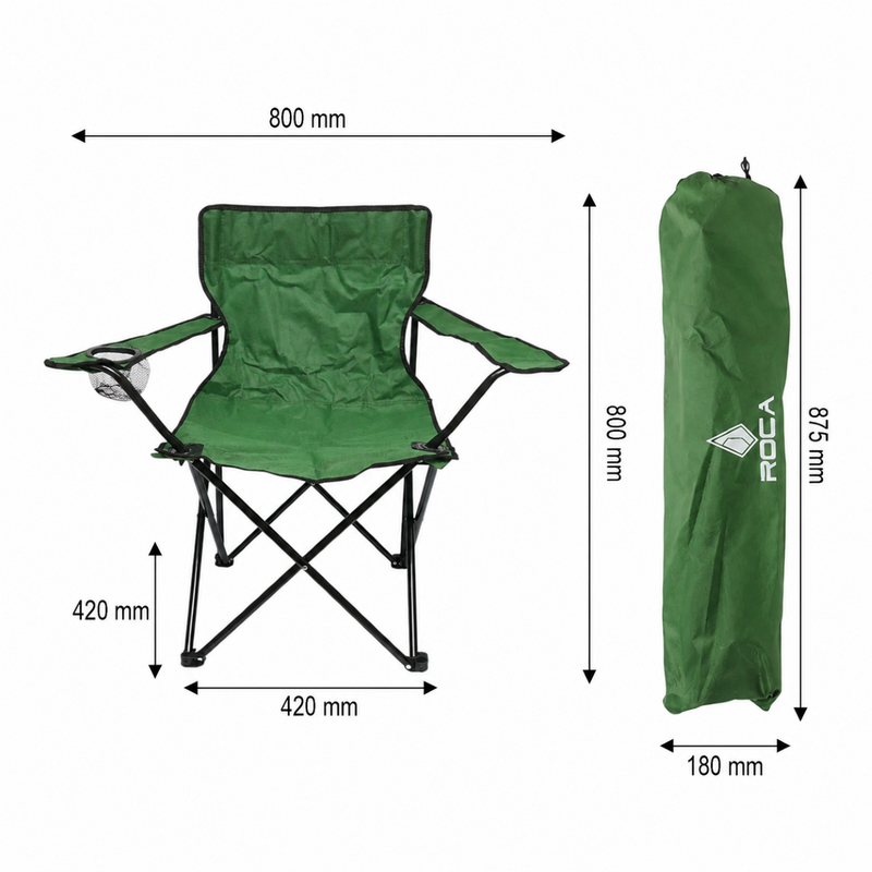 Sedia da campeggio pieghevole verde con portabicchieri, borsa per il trasporto e struttura in metallo (50x80x80 cm)