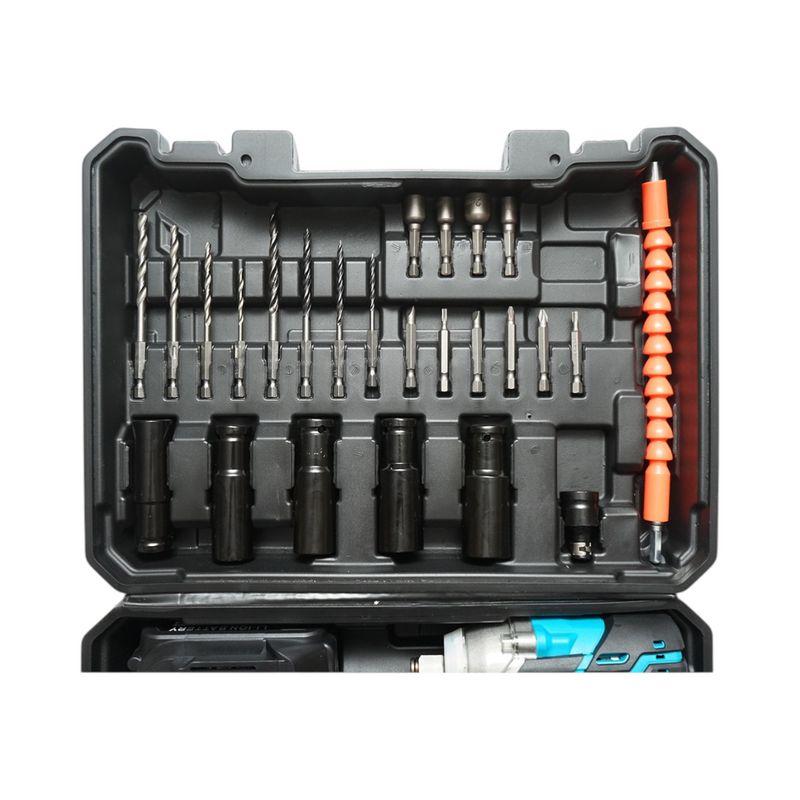 Avvitatore a impulsi da 1/2", due batterie agli ioni di litio da 21 V e 3 Ah, luce LED, motore brushless, coppia di 400 Nm; include bussole, punte da trapano e inserti per avvitatore (set da 31 pezzi) Breckner Germany