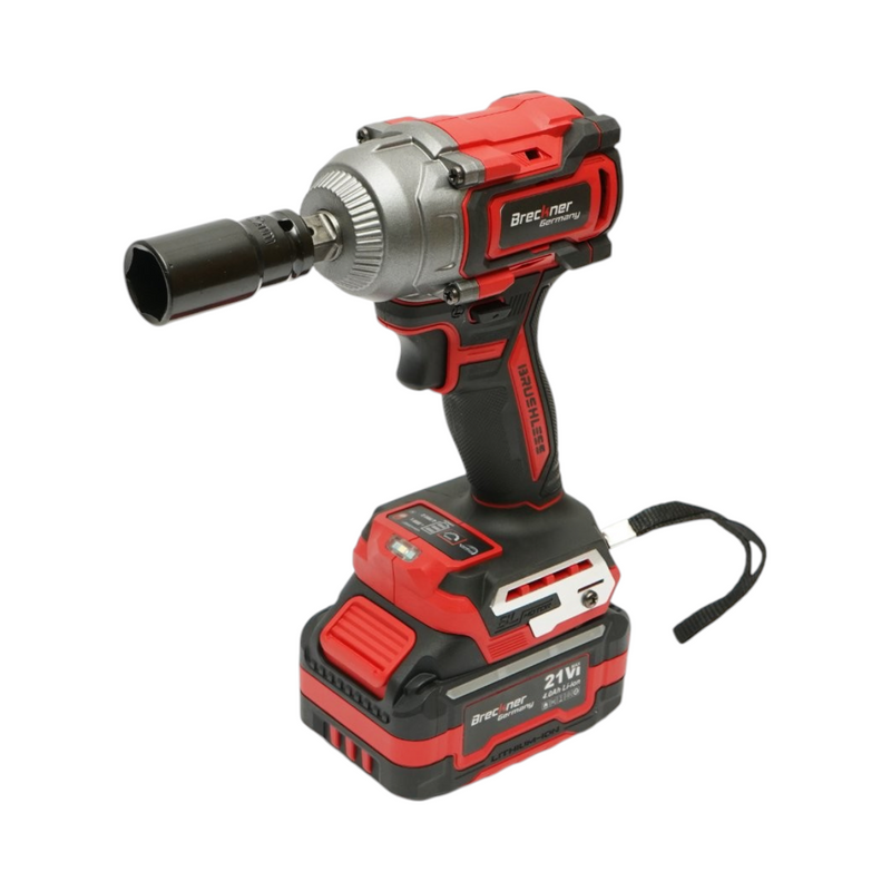 Avvitatore a impulsi da 1/2" e 500 W, due batterie agli ioni di litio da 21 V e 4 Ah, LED, motore brushless, 450 Nm, 0-1800/2400 giri/min Breckner Germany
