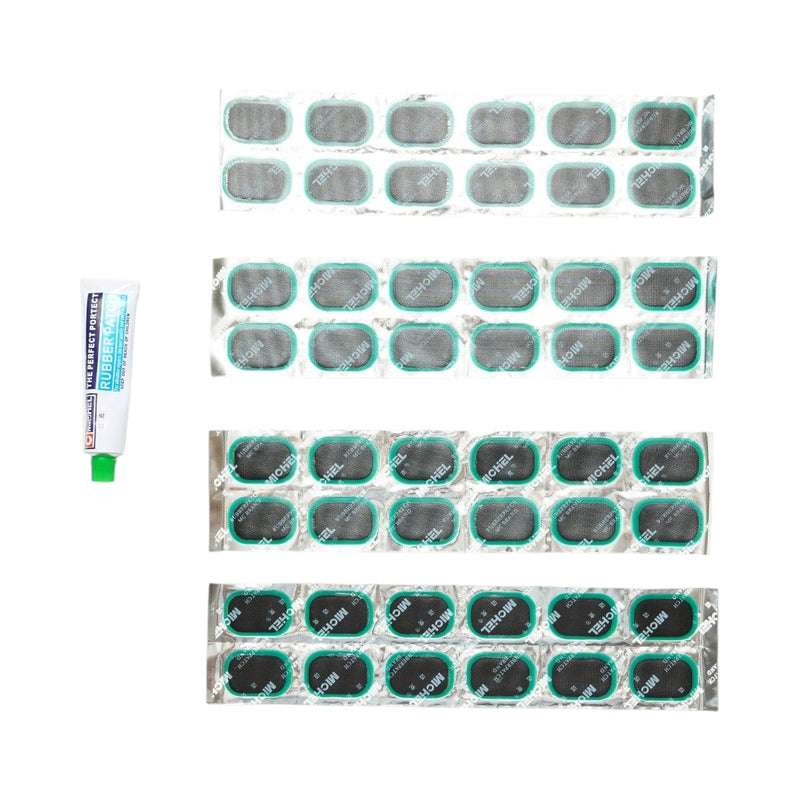 Set di 48 toppe ovali per vulcanizzazione (24x35 mm) + 1 tubetto di adesivo da 20 ml per camere d'aria – M-48 Michel