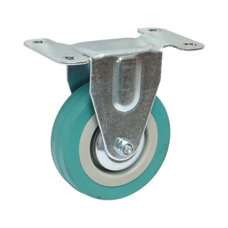 Ruota fissa 75x21 mm senza freno, gomma piena blu, piastra in acciaio 100x59 mm, portata 45 kg