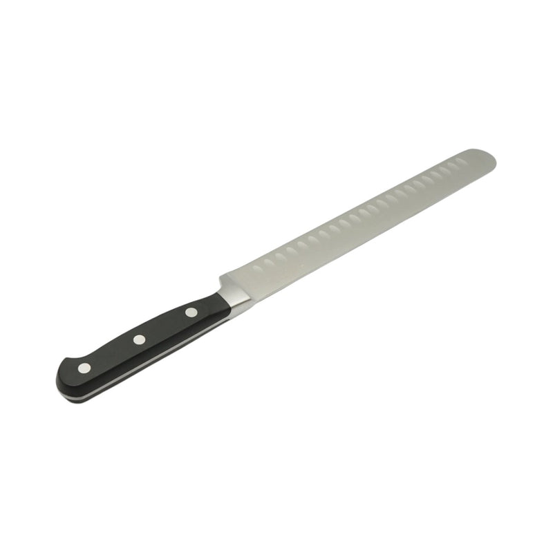 Coltello professionale per affettare da 25 cm, lama in acciaio 5Cr15MoV con filo alveolato, manico in ABS nero. Breckner Germany