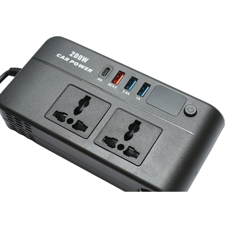 Inverter di potenza 12V-220V da 200W, onda sinusoidale modificata, porte USB e USB-C, doppia uscita AC