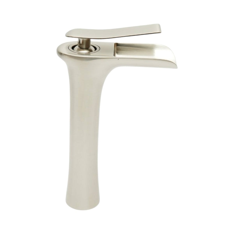 Rubinetto alto di alta qualità per lavabo da bagno in rame, con erogazione a cascata, design rotondo, miscelatore monocomando, finitura argento satinato e flessibili inclusi.