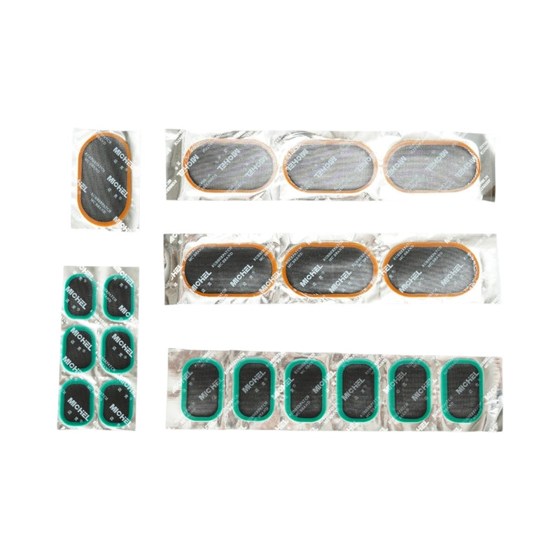 Set di 19 toppe rettangolari per vulcanizzazione (24x34 mm, 6x32 mm, 32x50 mm, 45x75 mm) + 1 tubetto di adesivo da 20 ml per camere d'aria