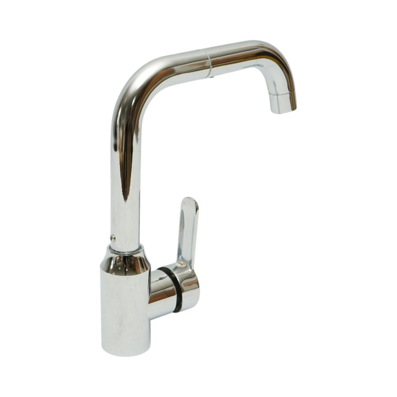 Miscelatore per lavello cucina con canna a U girevole a 360°, monocomando, finitura cromata lucida, acciaio inox, flessibili inclusi