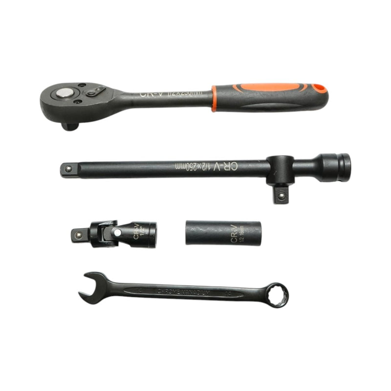 Set da 37 pezzi con bussole da 1/2" in acciaio al cromo-vanadio (8–32 mm) e chiavi combinate (6–19 mm), comprensivo di cricchetto, prolunga a T da 250 mm e snodo cardanico. Breckner Germany