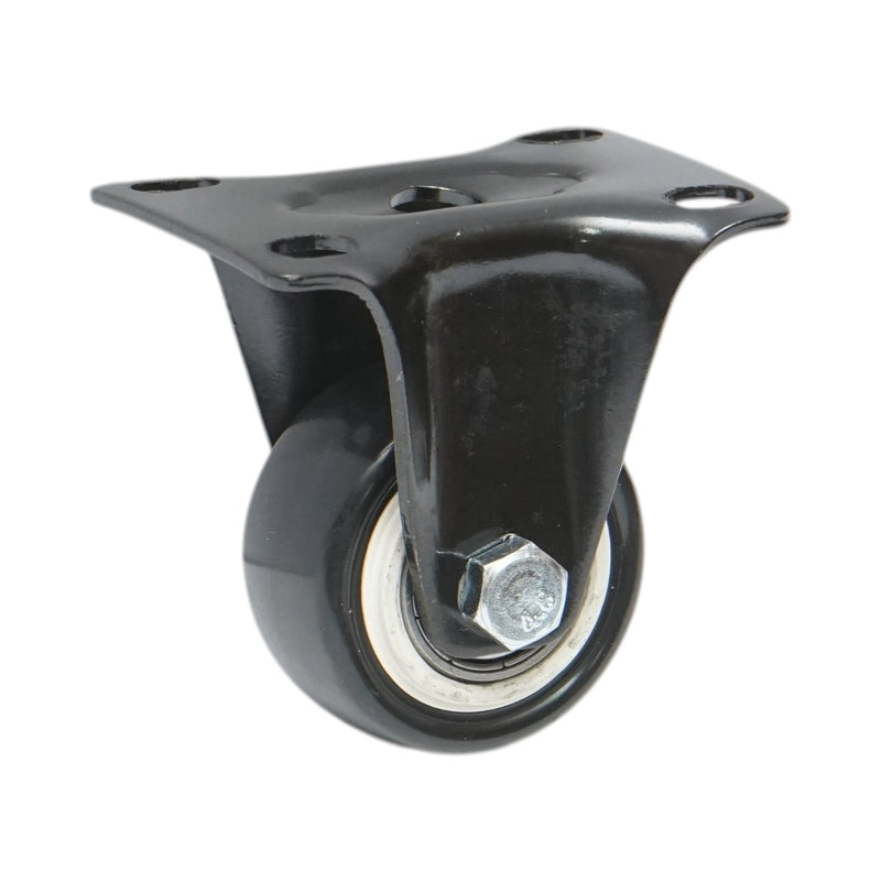 Ruota fissa 42x21 mm, senza freno, in PVC nero, piastra in acciaio 60x43 mm, portata 30 kg