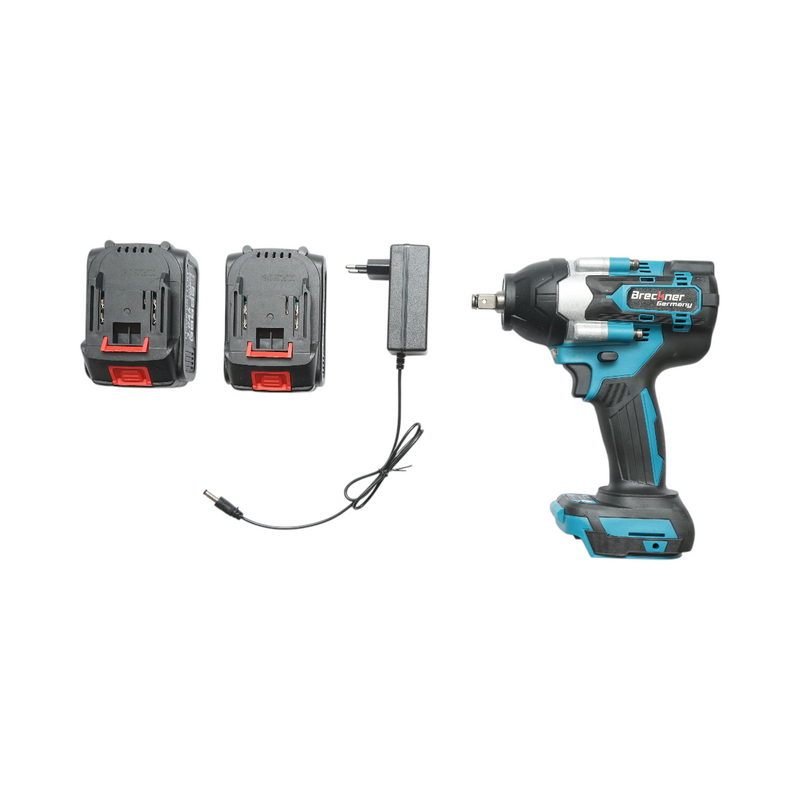 Avvitatore a impulsi da 1/2", due batterie agli ioni di litio da 21 V e 3 Ah, LED, coppia di 800 Nm, motore brushless Breckner Germany