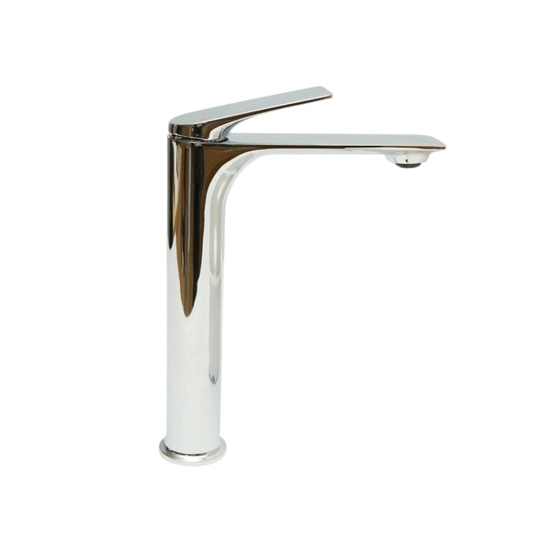 Miscelatore alto di alta qualità per lavabo da bagno in rame, con bocca lunga, design arrotondato, monocomando, finitura cromata lucida e flessibili inclusi.