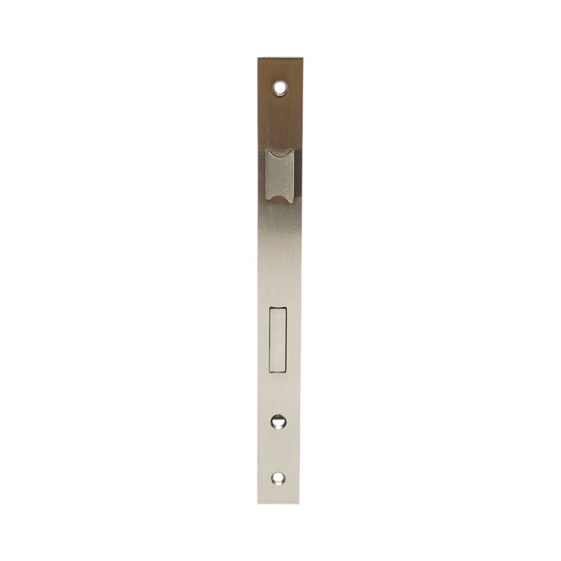Serratura da infilare con scrocco, 43x174 mm; frontale 23x240 mm; finitura nichel satinato; viti incluse.