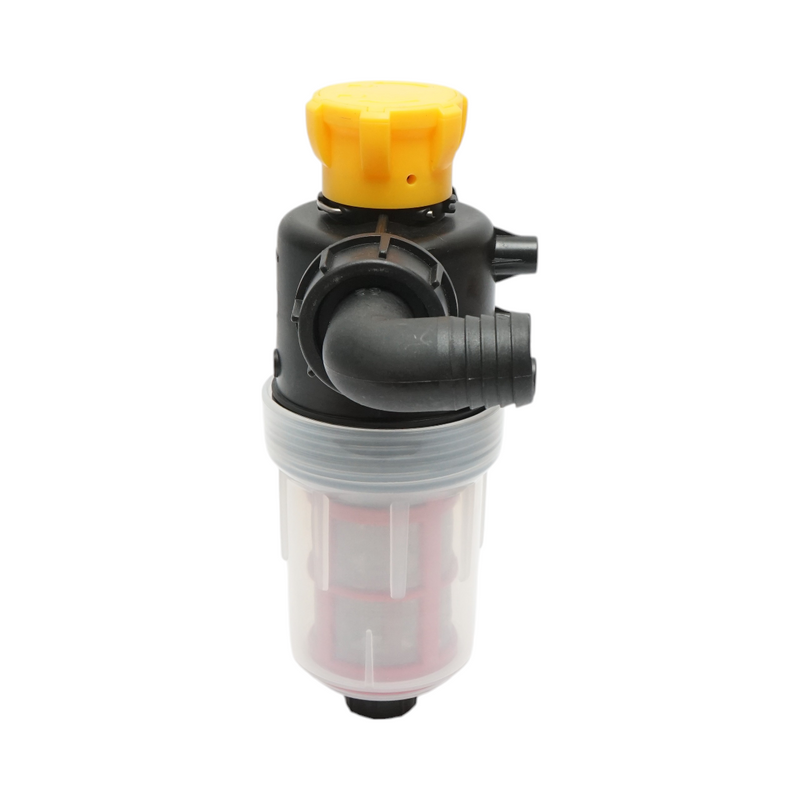 Filtro trasparente per irroratrice con doppia rete e valvola autopulente, attacco da 32 mm.