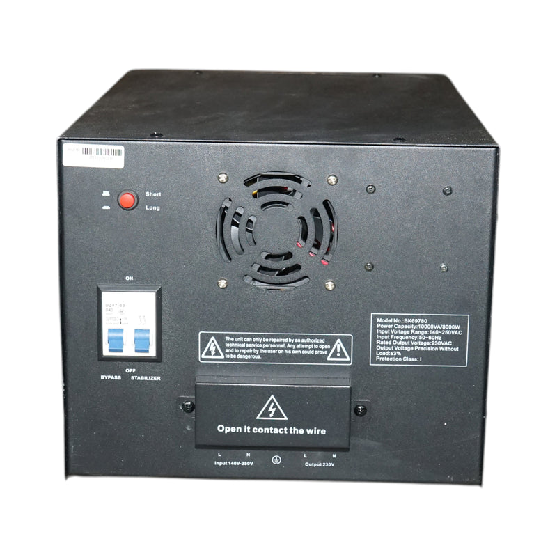 Stabilizzatore di tensione automatico da 10 kVA, 8000 W, 140–250 VAC; monofase a relè, con bypass, connessione a morsettiera e display LCD. Breckner Germany