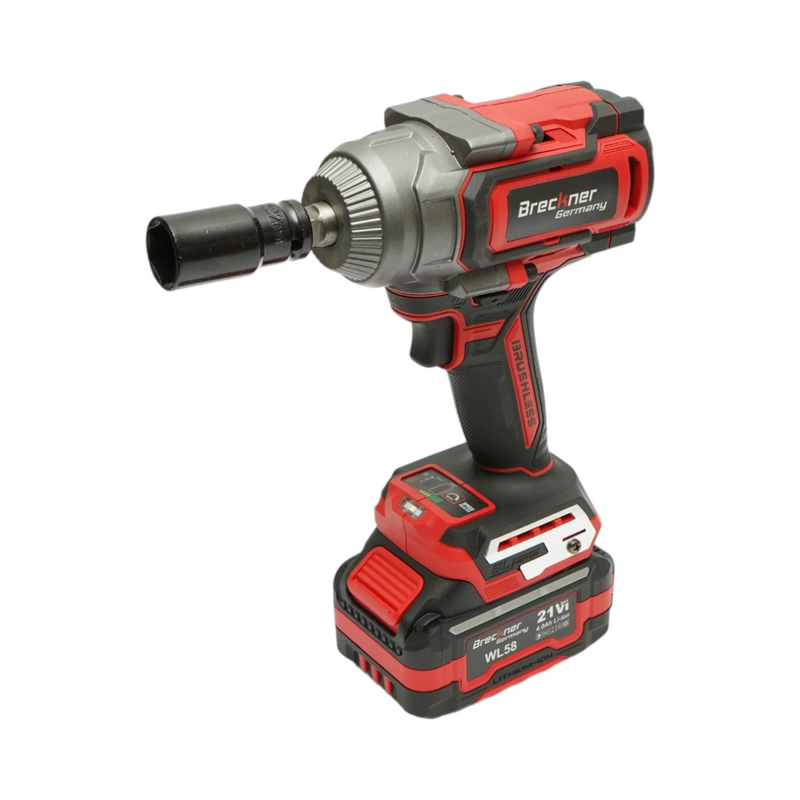Avvitatore a impulsi da 1/2" 900 W, due batterie agli ioni di litio da 21 V 4 Ah, LED, motore brushless, 1100 Nm, 0–1400/1900/2400 giri/min Breckner Germany