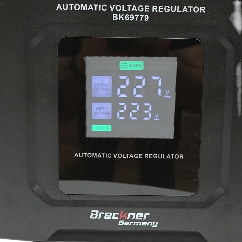 Stabilizzatore di tensione automatico da 5000 VA / 3000 W, 140-250 V CA, con relè monofase, bypass, connessione a morsettiera e display LCD. Breckner Germany