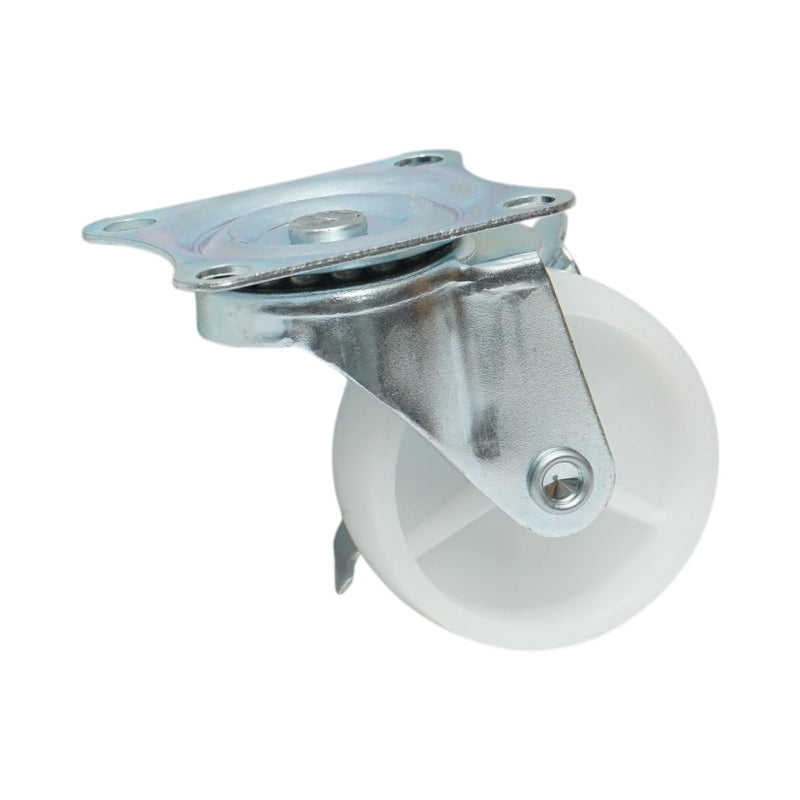 Ruota pivottante 65x23 mm con freno, in polipropilene bianco, piastra in acciaio 70x58 mm, portata 35 kg