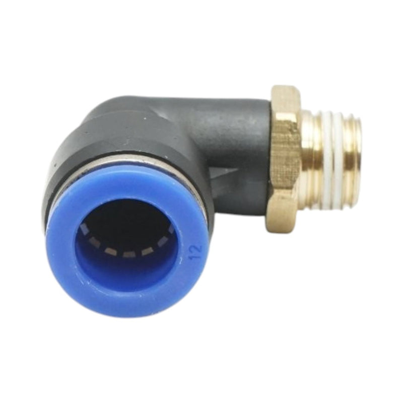Raccordo a gomito a innesto rapido in plastica da 12 mm con filetto maschio in ottone da 1/4"