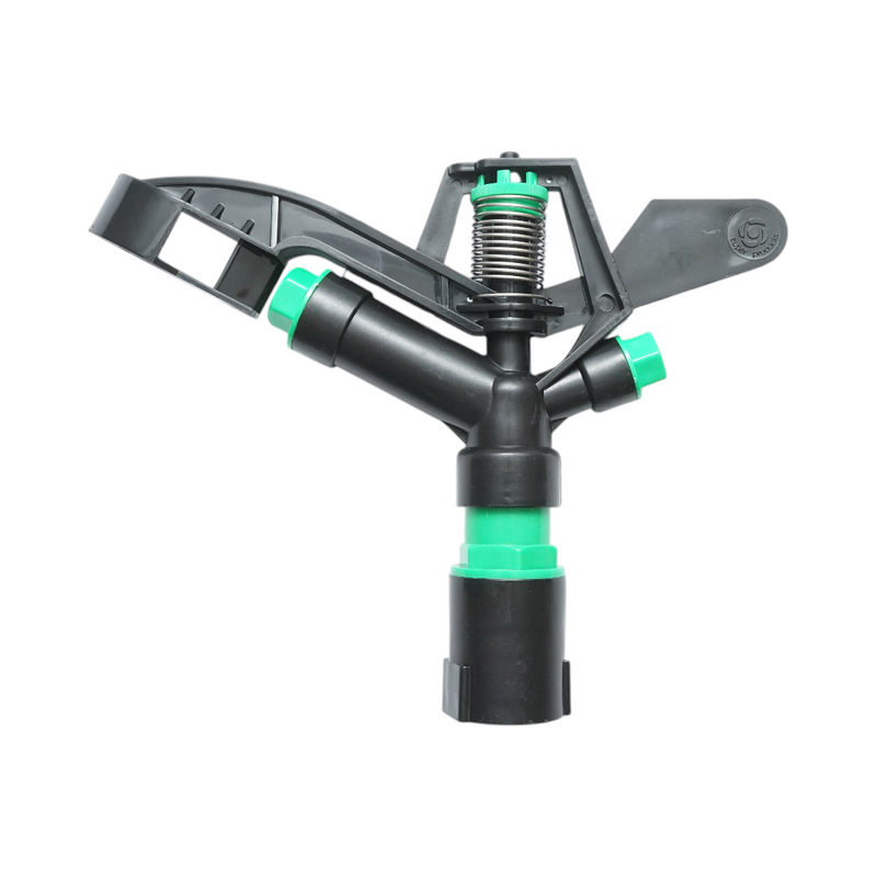 Irrigatore a battente regolabile con braccio oscillante, 2 ugelli, raggio 8–11 m, portata 18–25 l/min, attacco femmina da 1 pollice. Breckner Germany