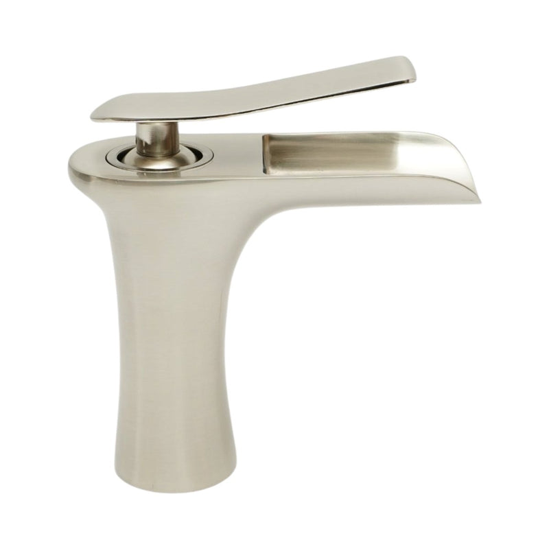 Rubinetto di alta qualità in rame per lavabo da bagno, bocca a cascata, design rotondo, monocomando, finitura argento satinato, flessibili inclusi.