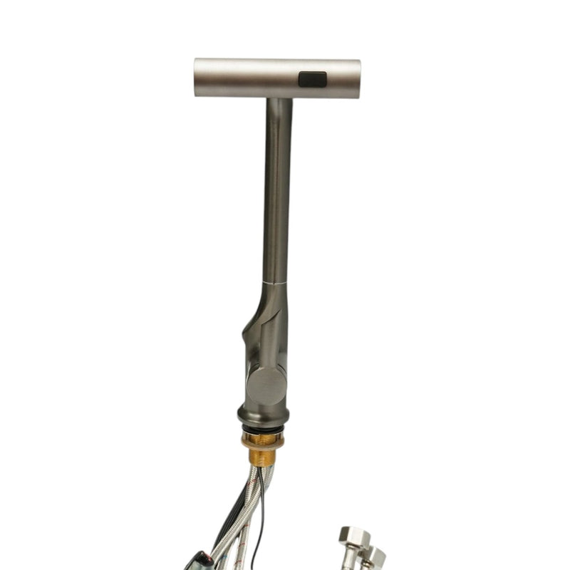 Rubinetto per lavello cucina con doccetta estraibile a effetto cascata, 2 modalità di flusso, display digitale della temperatura, bocca girevole a 360°, comando monocomando, finitura grigio grafite satinato, acciaio inox, tubi flessibili inclusi.