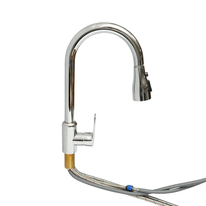Rubinetto per lavello cucina in rame di alta qualità, con doccetta estraibile a 3 funzioni, monocomando, finitura cromata lucida, flessibili inclusi.