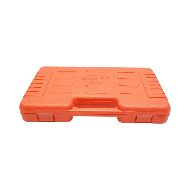 Set di 23 bussole lunghe da 1/2" in acciaio al cromo-molibdeno (8–32 mm), comprensivo di cricchetto, prolunga da 127 mm, impugnatura a T e snodo cardanico Breckner Germany
