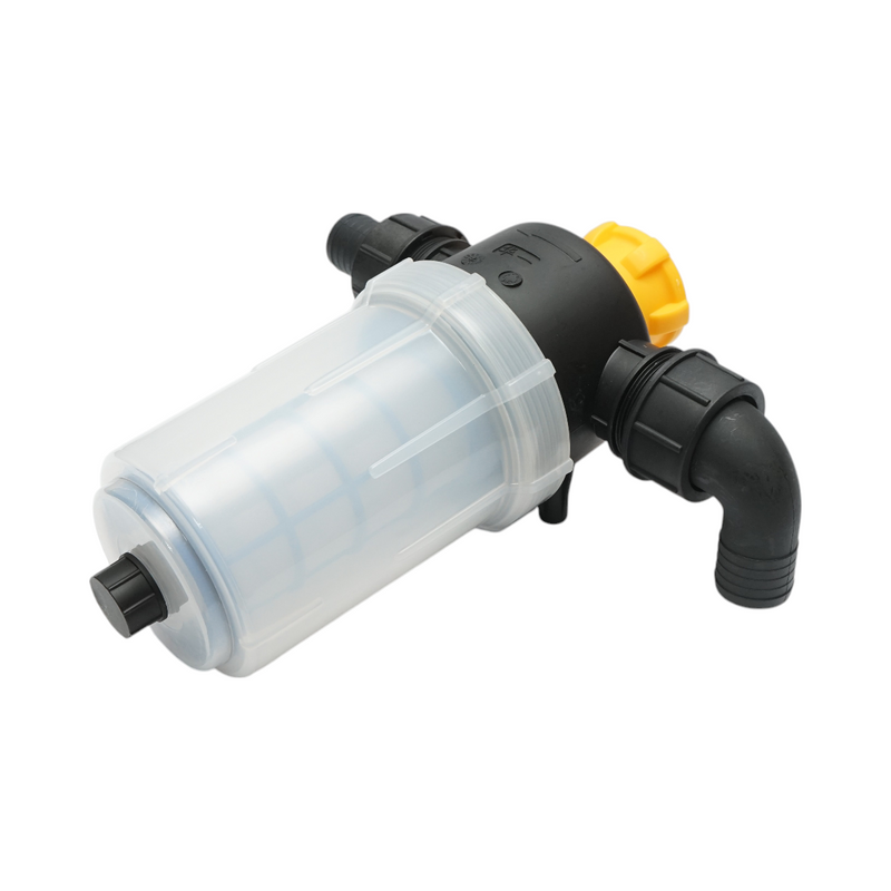 Filtro trasparente per irroratrice con cestello filtrante e valvola autopulente, attacco da 38 mm