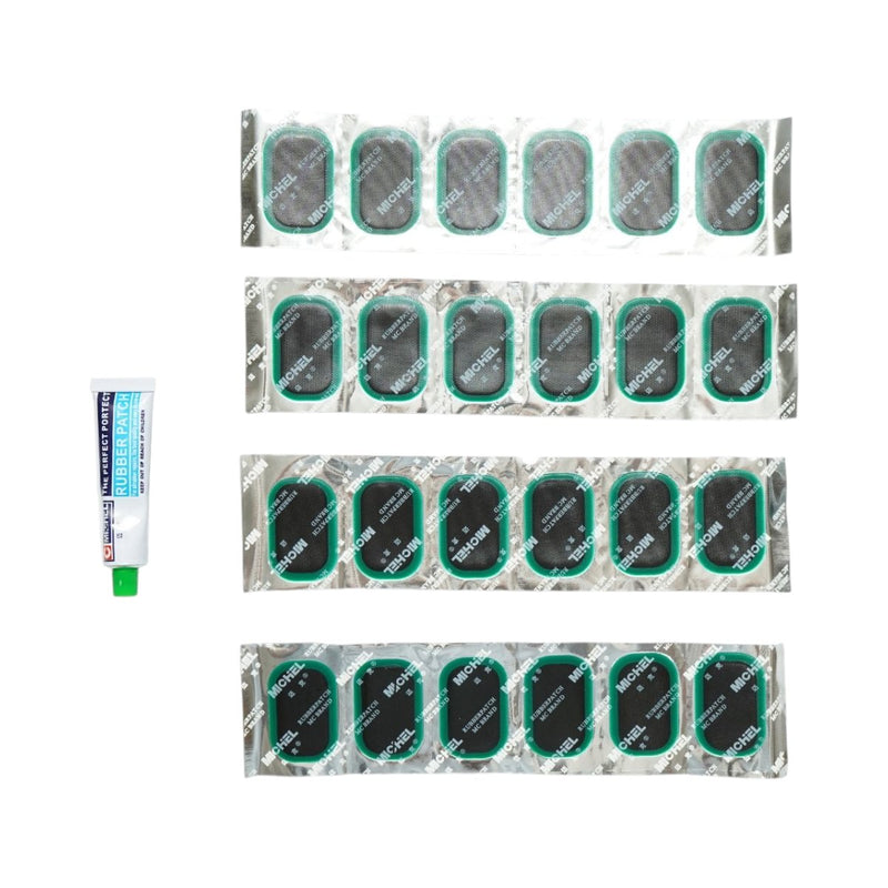 Set di 24 toppe ovali per vulcanizzazione (35x52 mm) + 1 tubetto di adesivo da 20 ml per camere d'aria – L-24 Michel
