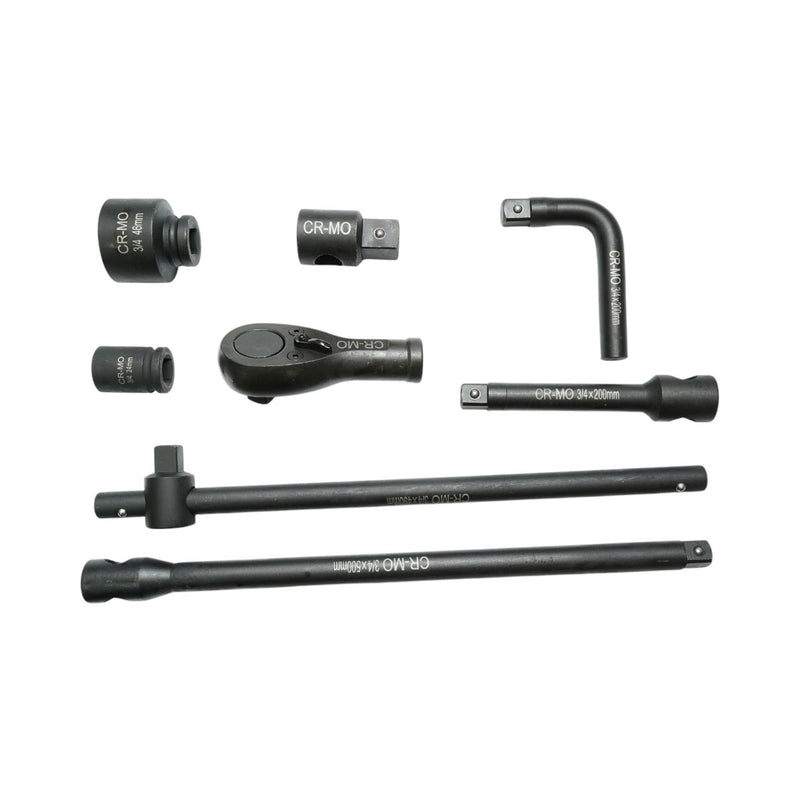 Set di 26 bussole a impatto in acciaio al cromo-molibdeno (17–65 mm) comprensivo di cricchetto, prolunghe da 200 mm e 500 mm, impugnatura a L da 200 mm, impugnatura a T e adattatore da 3/4" a 1". Breckner Germany