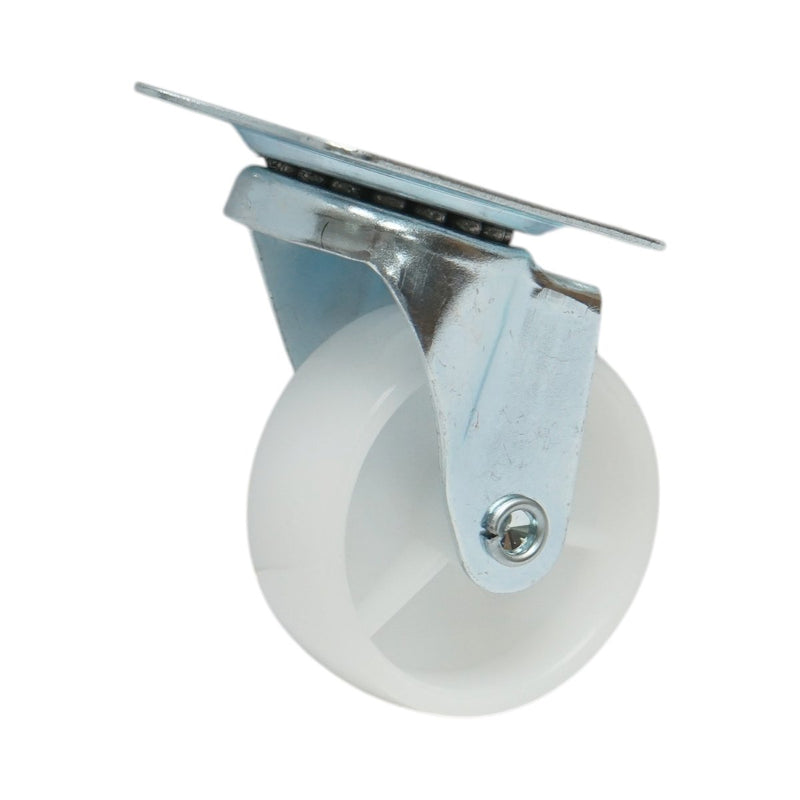 Ruota pivottante 65x23 mm senza freno, in polipropilene bianco, piastra in acciaio 70x58 mm, portata 35 kg