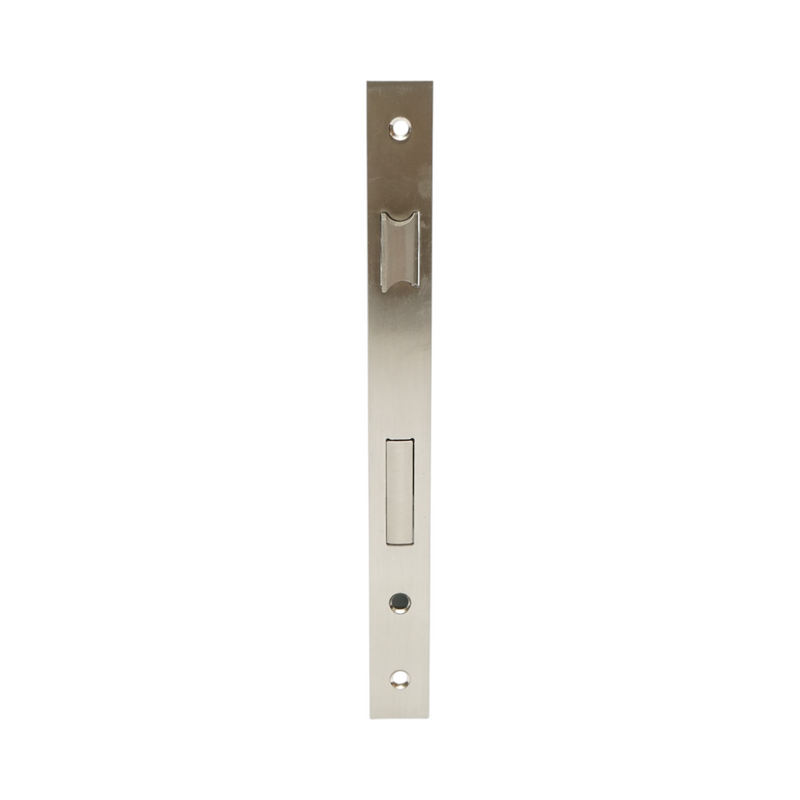 Serratura da infilare con scrocco, 73x177 mm; frontale 23x240 mm; finitura nichel satinato; viti incluse.