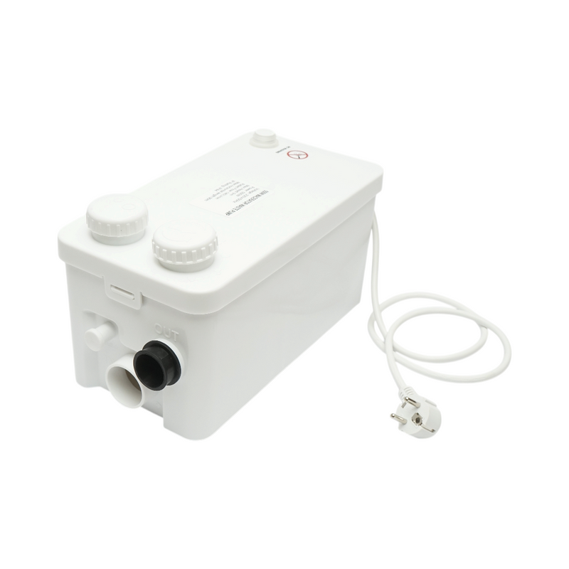 Pompa trituratrice per acque reflue da 550 W, 220 V; portata 8.400 l/h; prevalenza 9 m; portata orizzontale 90 m; grado di protezione IP44.
