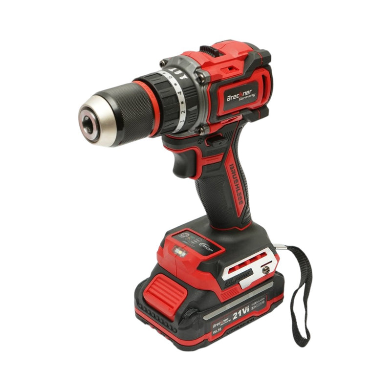 Trapano avvitatore a percussione a batteria da 500 W, due batterie agli ioni di litio da 21 V e 1,5 Ah, LED, motore brushless, coppia di 50 Nm, mandrino da 13 mm, 0-500/1600 giri/min