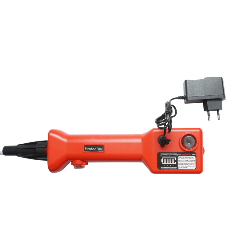 Pungolo elettrico per bestiame (1100 V) con batteria ricaricabile da 8,4 V e 2200 mAh, indicatore di carica e asta da 80 cm.