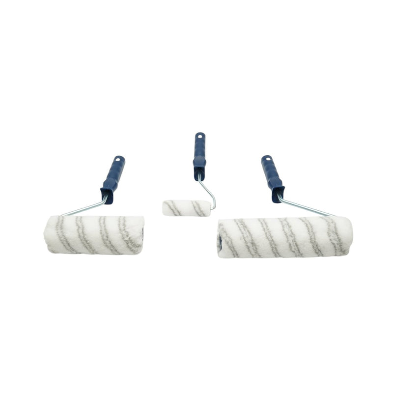 Set di 3 rulli per verniciatura in poliestere (10 cm, 18 cm, 25 cm), manico in PP, vaschetta/griglia per vernice in plastica. Breckner Germany