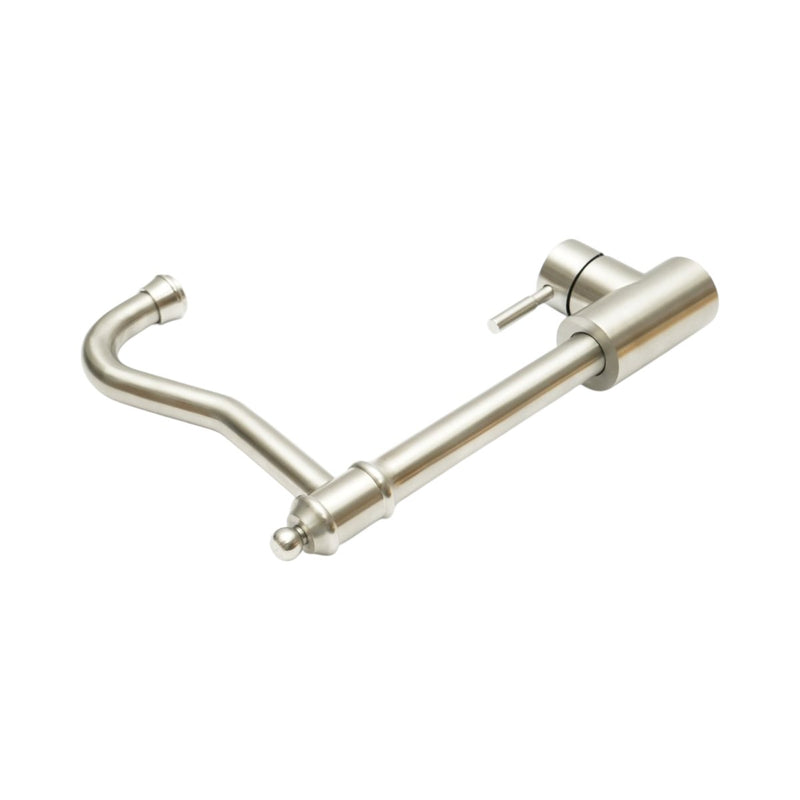 Rubinetto da cucina in stile rétro con canna alta girevole a collo di cigno, monocomando, finitura nichel satinato, in acciaio inox, flessibili inclusi.