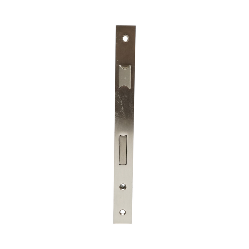 Serratura da infilare con scrocco, scatola 34x174 mm, frontale 23x240 mm, finitura nichel satinato, viti incluse.
