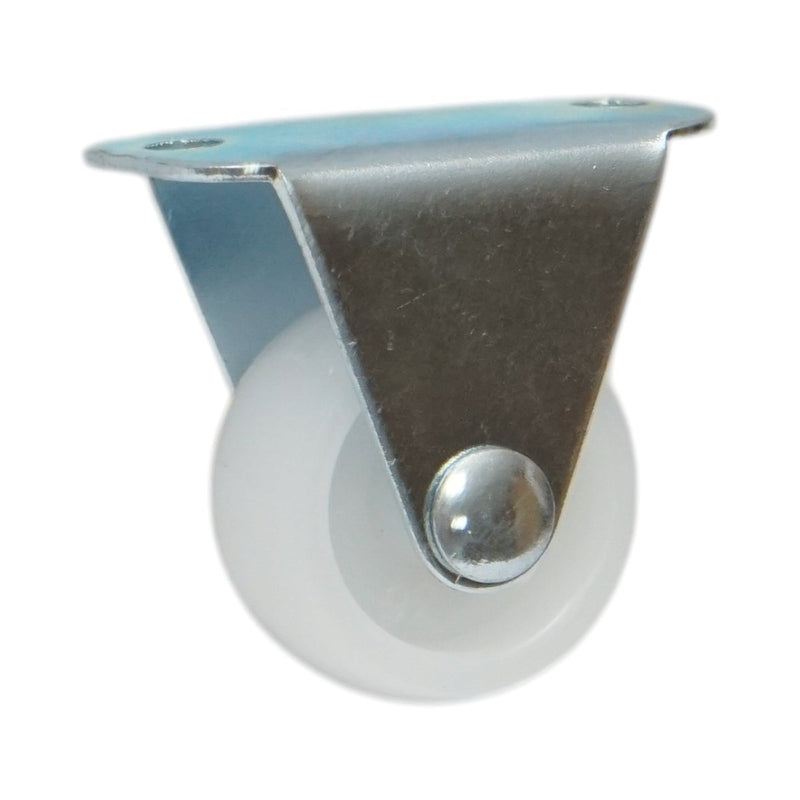 Ruota fissa 25x14 mm senza freno, in polipropilene bianco, piastra in acciaio 37x19 mm, portata 10 kg
