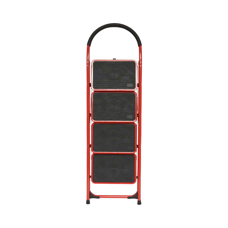 Scala pieghevole in acciaio a 4 gradini di colore rosso, con gradini antiscivolo, altezza 141 cm e portata massima di 150 kg. Breckner Germany