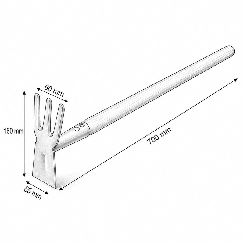 Zappa da giardino doppia con lama e 3 denti, manico in legno da 70 cm