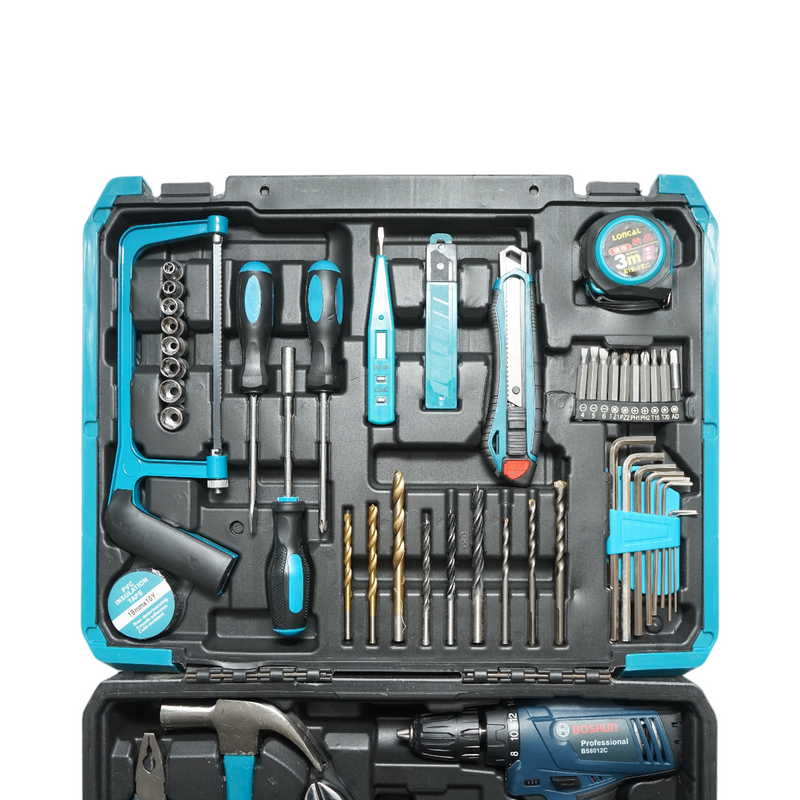 Trapano-avvitatore professionale con due batterie da 12 V/2,0 Ah e un set di utensili da 49 pezzi.