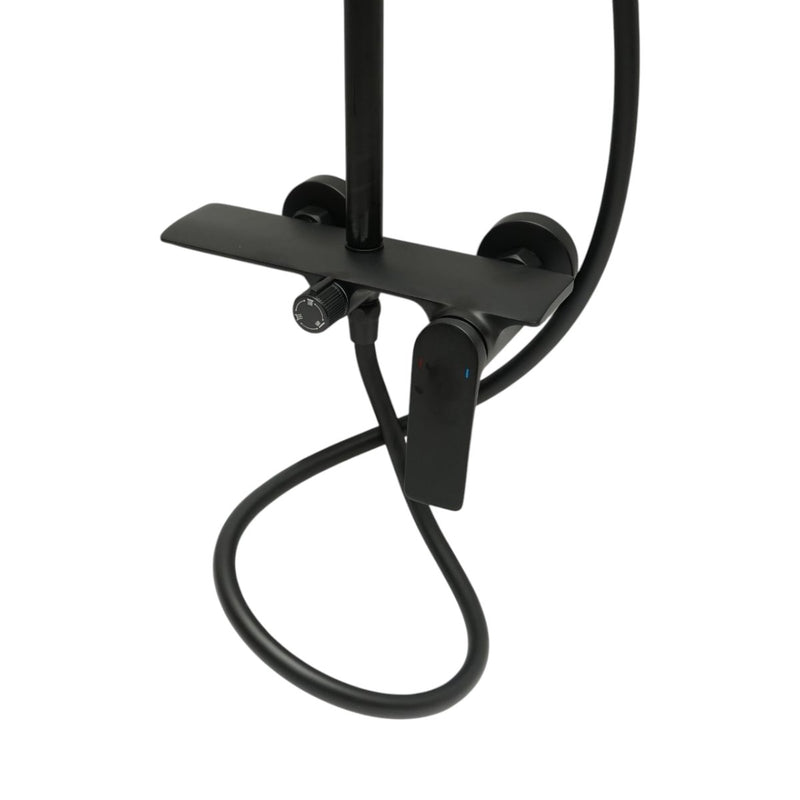 Set doccia multifunzione premium a parete in rame, 3 funzioni di erogazione, soffione rettangolare effetto pioggia, doccetta manuale, finitura nero opaco.