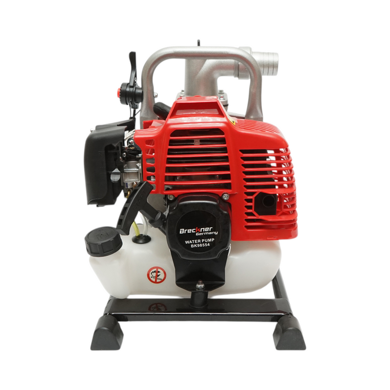 Motopompa a benzina da 2,2 CV, motore a 2 tempi da 52 cc, attacco da 1,5 pollici, portata 15 m³/h, autoadescante, profondità di aspirazione 15 m, prevalenza 22 m. Breckner Germany
