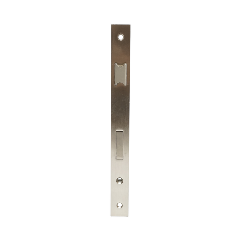 Serratura da infilare con scrocco, scatola 38x174 mm, frontale 23x240 mm, finitura nichel satinato, viti incluse.
