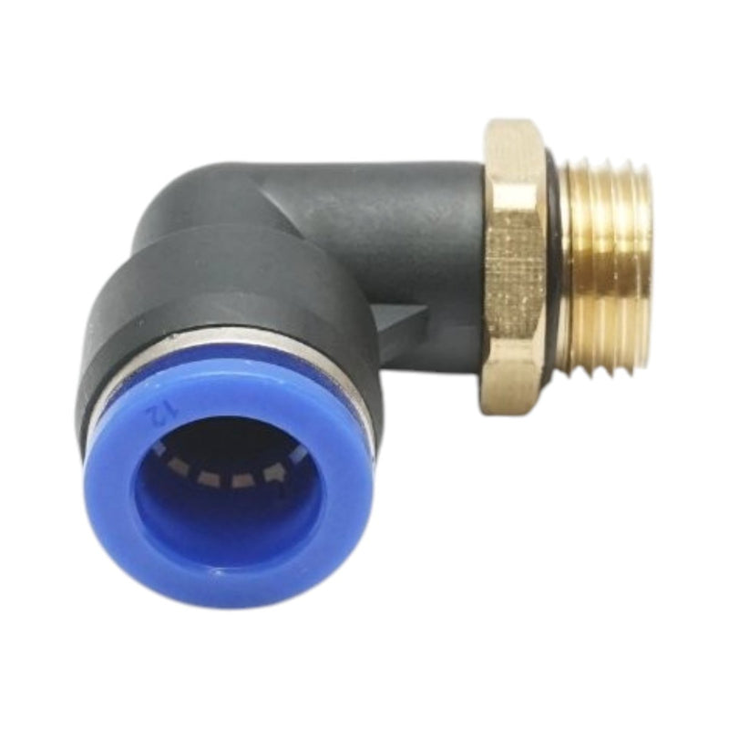 Raccordo a gomito a innesto rapido in plastica da 12 mm con filetto maschio in ottone M16