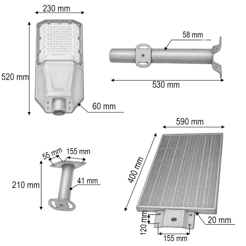 Lampione stradale solare a LED da 500 W con pannello solare da 50 W, batteria LiFePO4 da 55.000 mAh, telecomando e staffa di montaggio. Breckner Germany