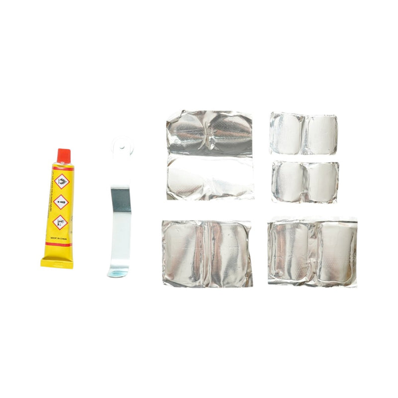 Set di 12 toppe di vulcanizzazione per pneumatici e camere d'aria (25x35 mm, 35 mm, 32x52 mm) + rullo pressore + 1 tubetto di adesivo (20 ml)